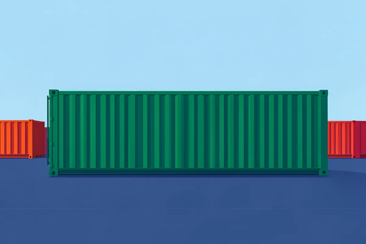 Container marítimo de 12 metros em um pátio de armazenamento.