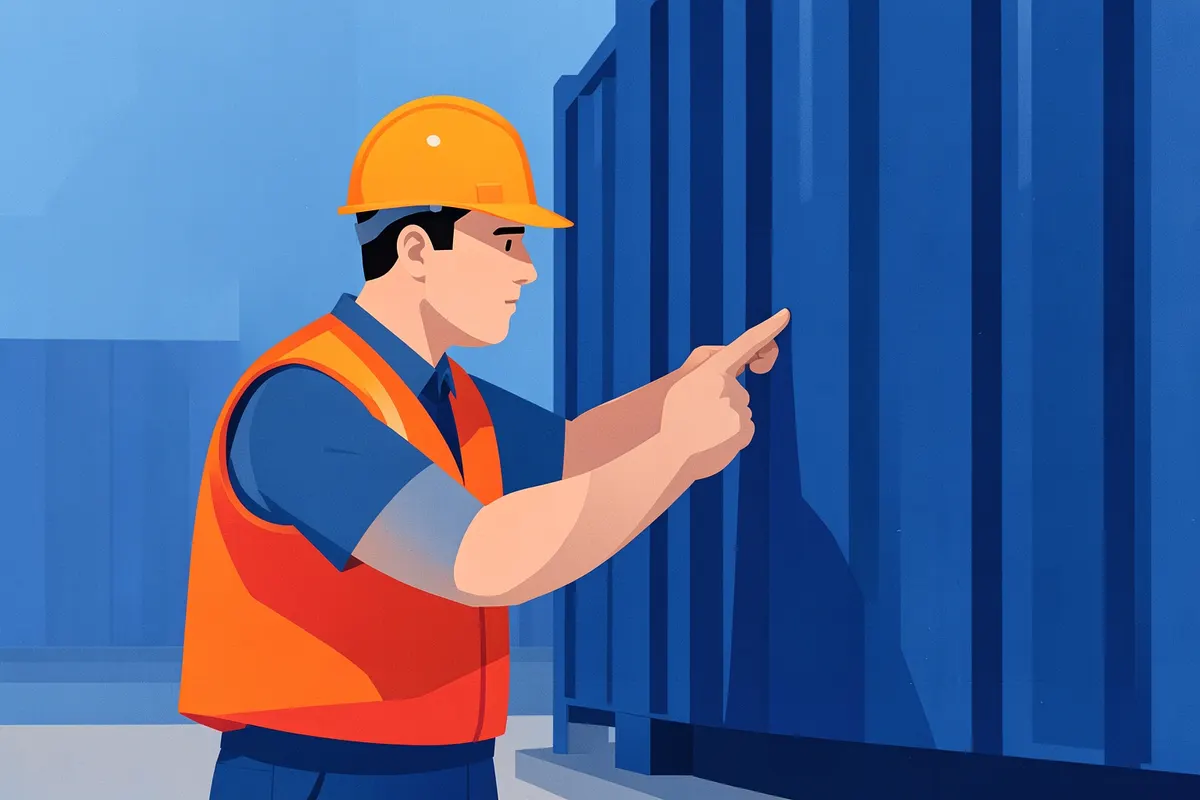 Homem inspecionando a lateral de um container marítimo.
