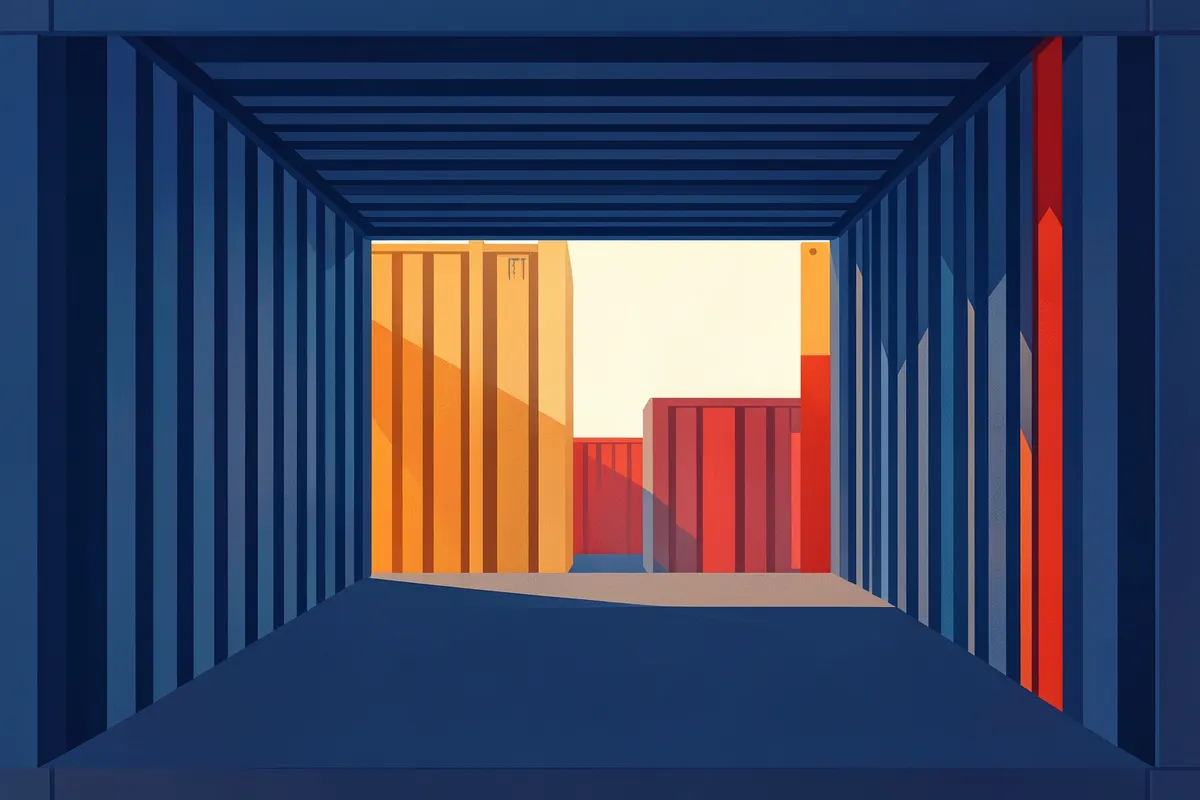 Interior de um container marítimo com paredes de metal.
