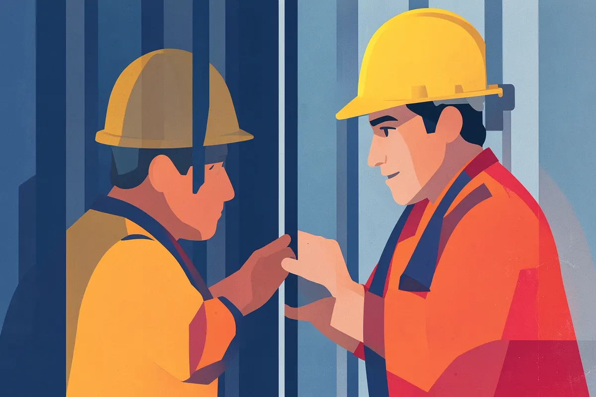 Um trabalhador da construção civil inspeciona um container de metal em um canteiro de obras.