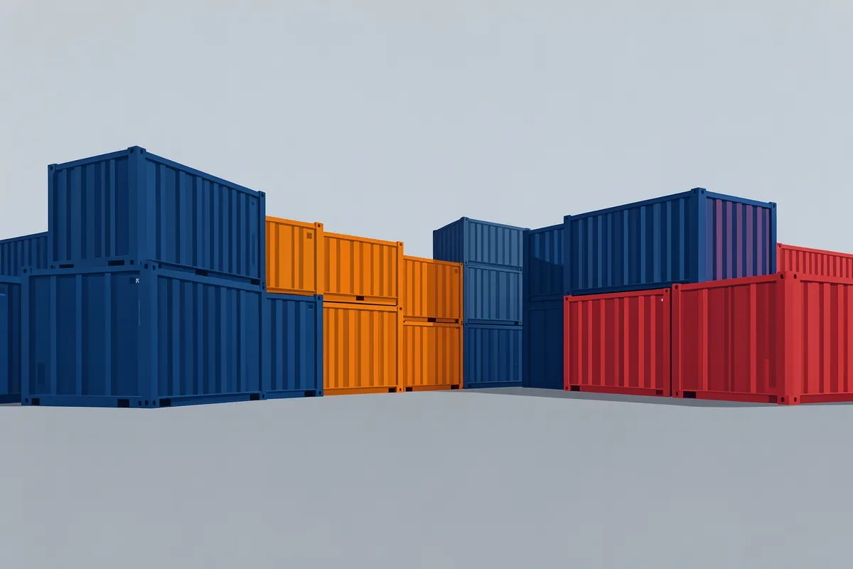 Diversos tipos de containers de metal empilhados em um pátio.