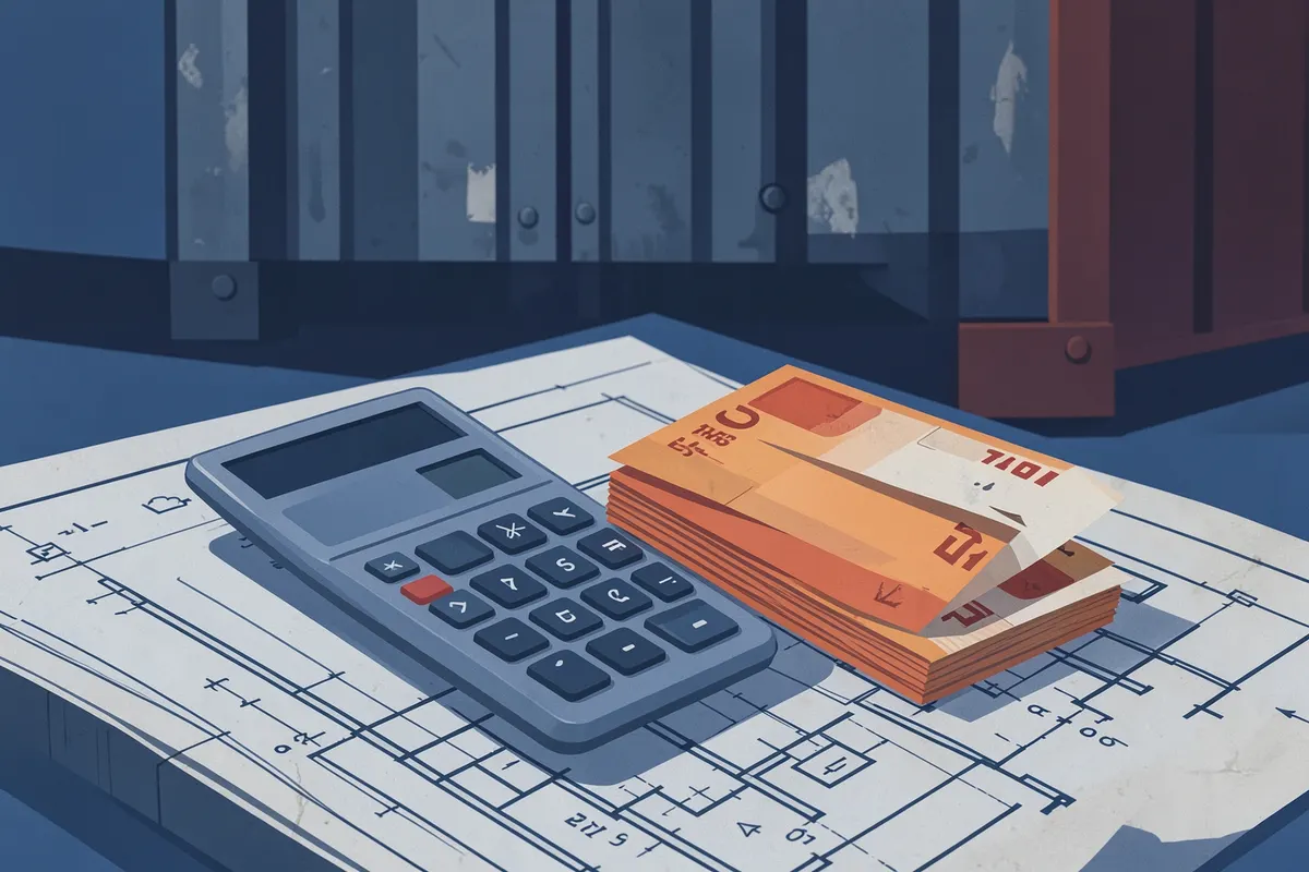 Uma calculadora e notas de dinheiro sobre um projeto de construção com um container ao fundo.