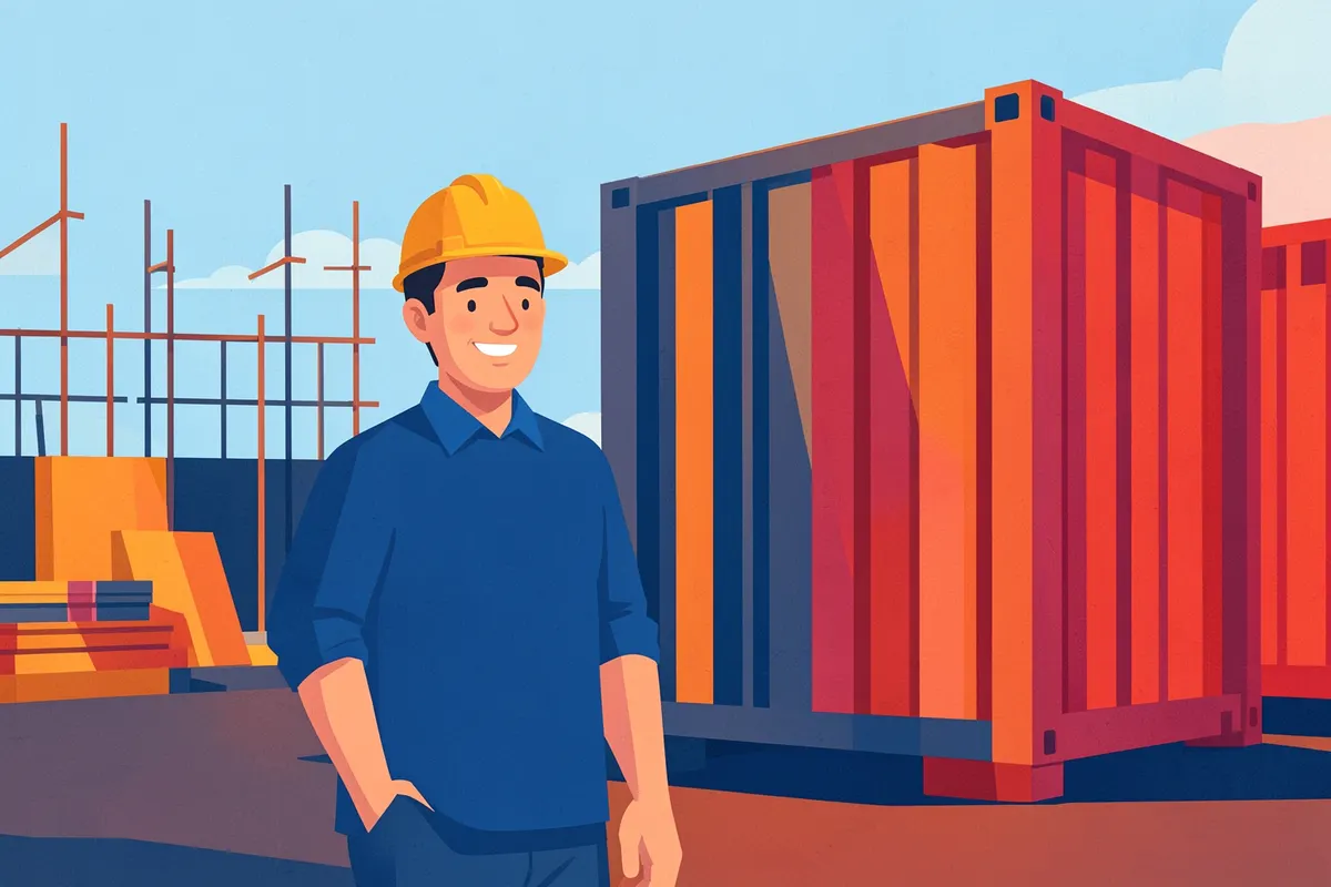 Um homem sorri ao lado de um container alugado em um canteiro de obras.