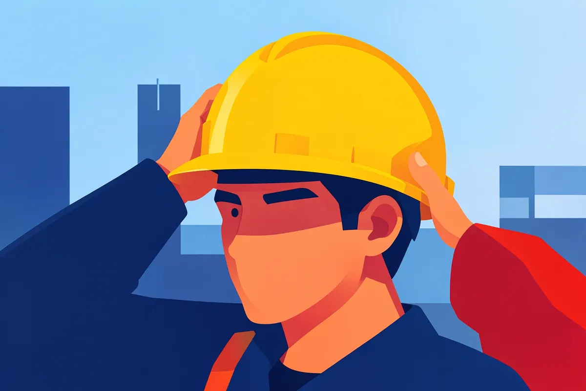 Um trabalhador coloca um capacete de segurança em um canteiro de obras.