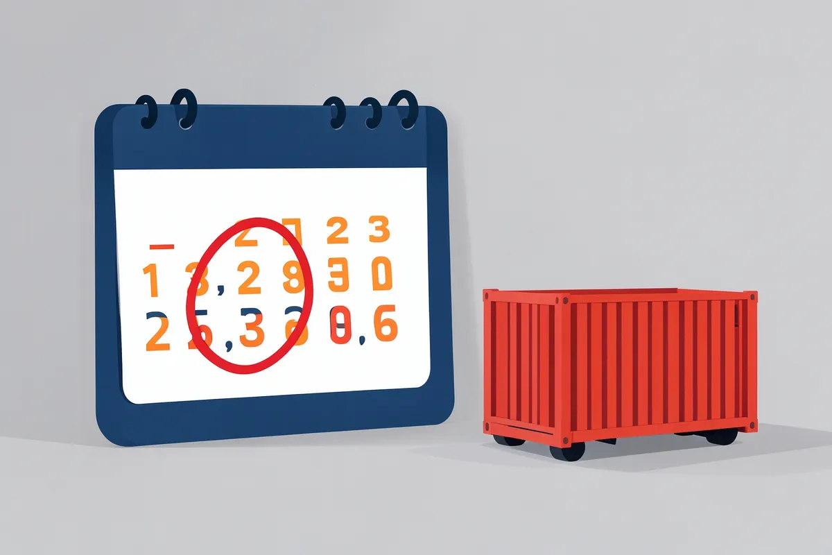 Um calendário com um círculo em uma data específica, ao lado de um pequeno modelo de container.