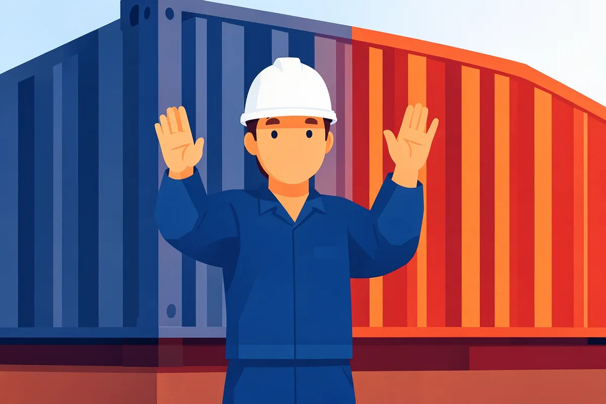 Um trabalhador da construção civil acena com a mão em frente a um container.