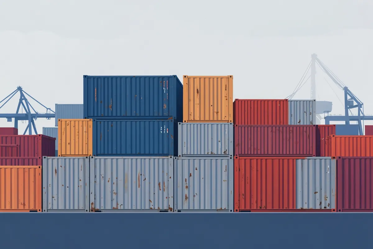 Container marítimo empilhado em um porto, com guindastes ao fundo