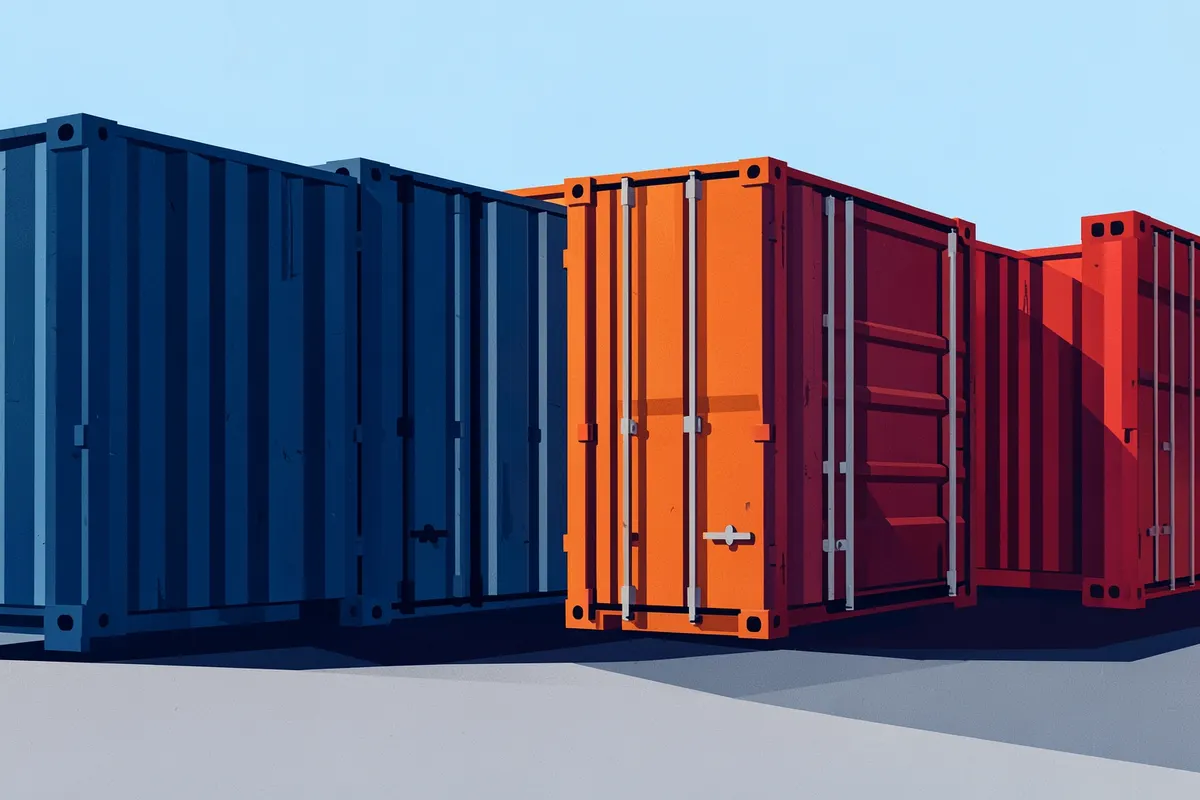 Diferentes tipos de containers marítimos lado a lado em um pátio