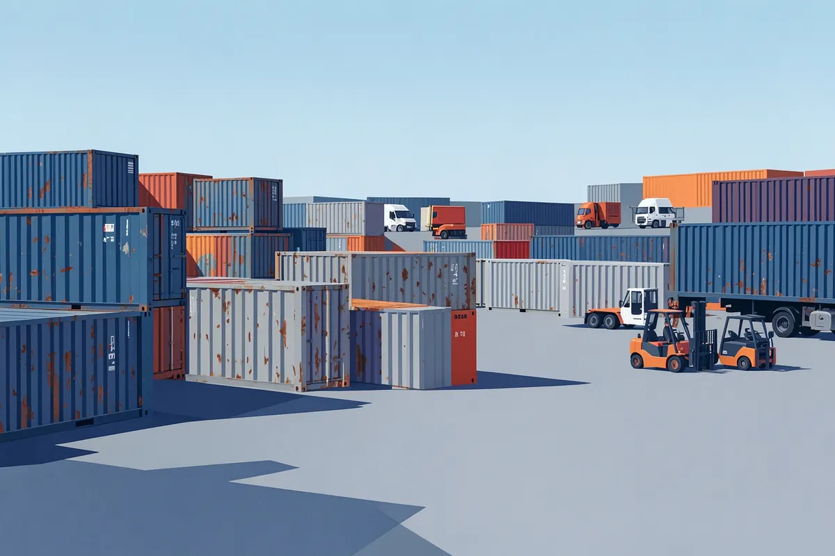 Pátio de containers no Rio de Janeiro com caminhões e empilhadeiras