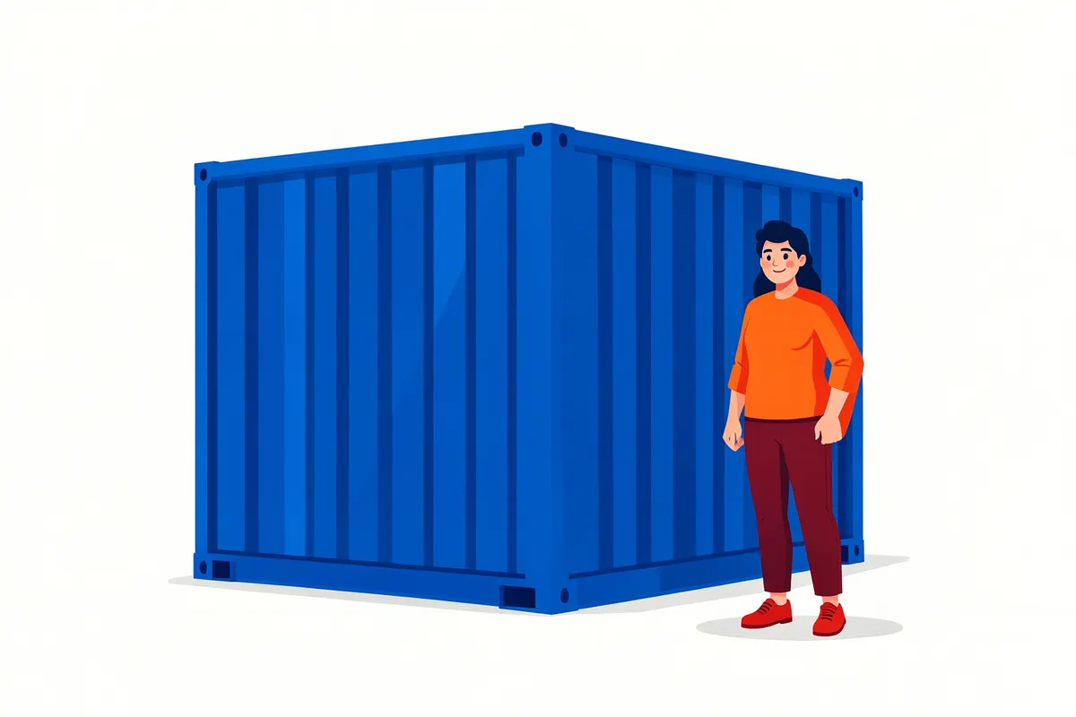 Pessoa sorrindo ao lado de um container reformado e pintado de azul