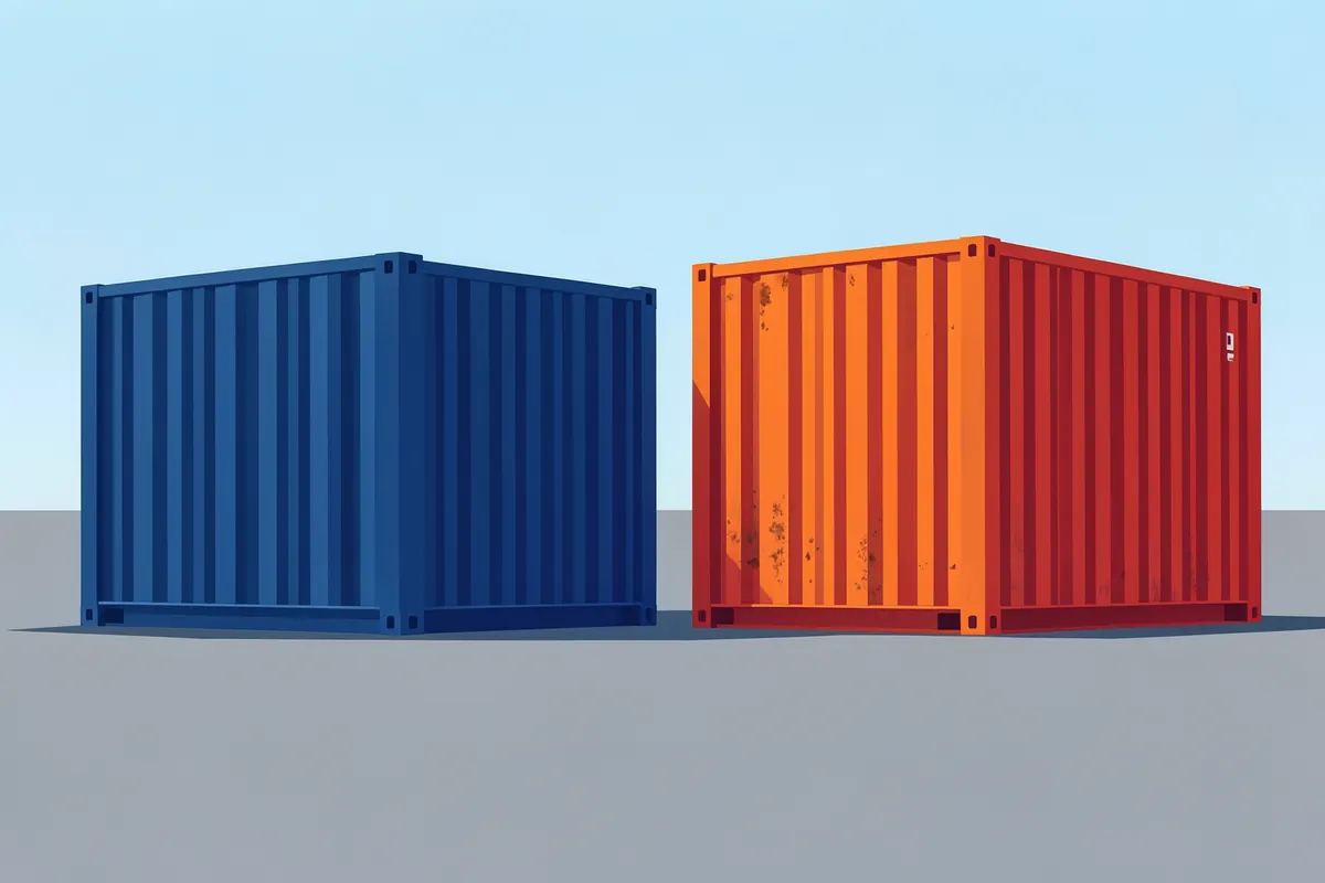Comparação lado a lado de um container novo e um container usado