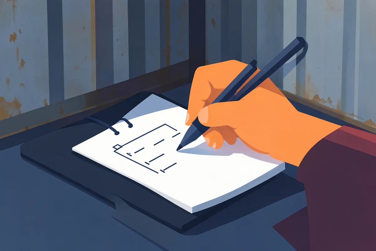 Checklist sendo preenchido em um bloco de notas ao lado de um container