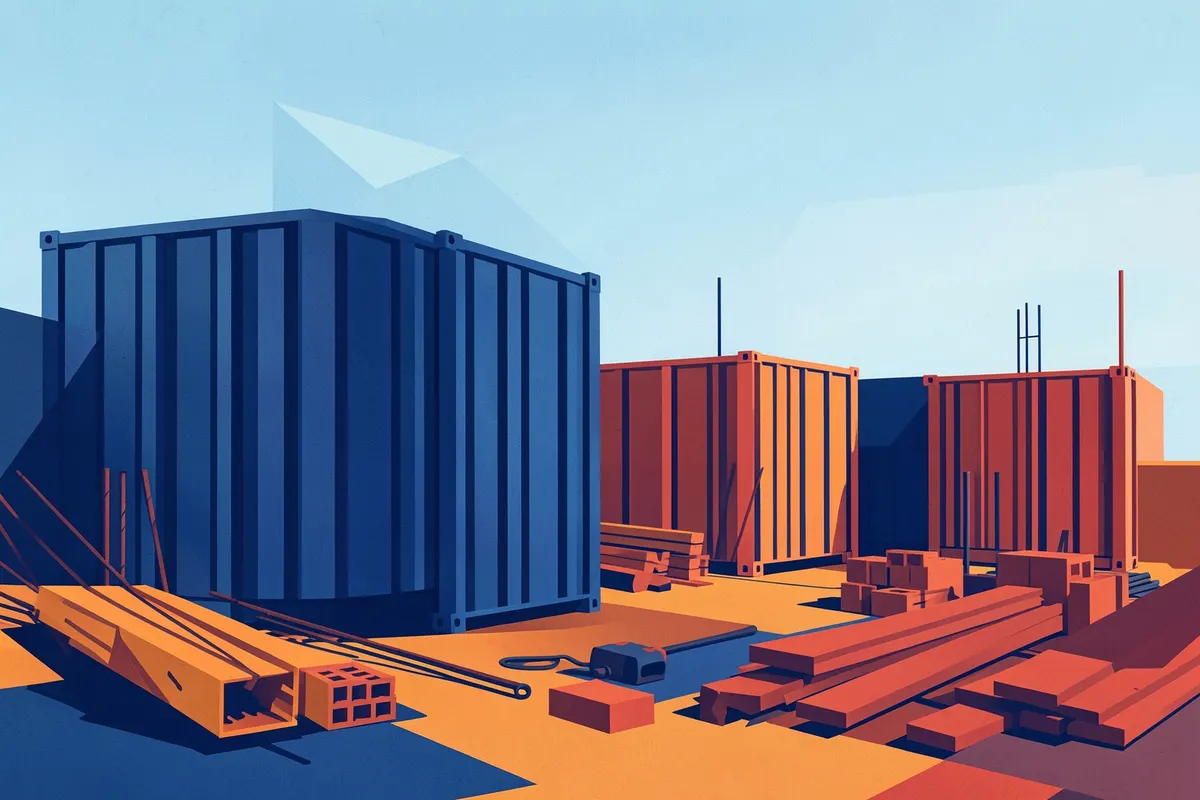 Um container metálico empilhado em um canteiro de obras com ferramentas e materiais de construção ao redor.