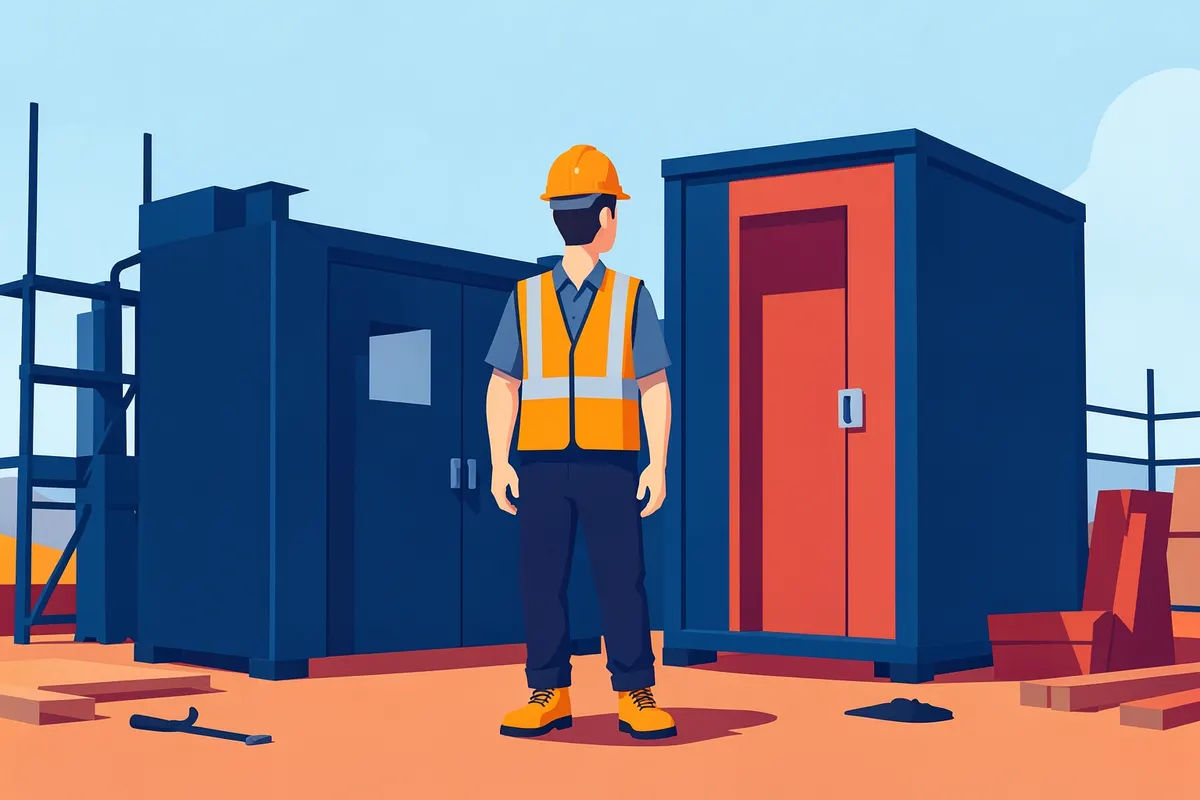 Um trabalhador da construção civil em frente a diferentes tipos de containers metálicos, como refeitório e vestiário, em um canteiro de obras.