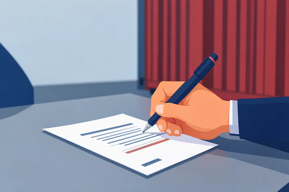 Um close-up de um contrato de locação de container sendo assinado por um cliente em uma mesa com um container ao fundo.