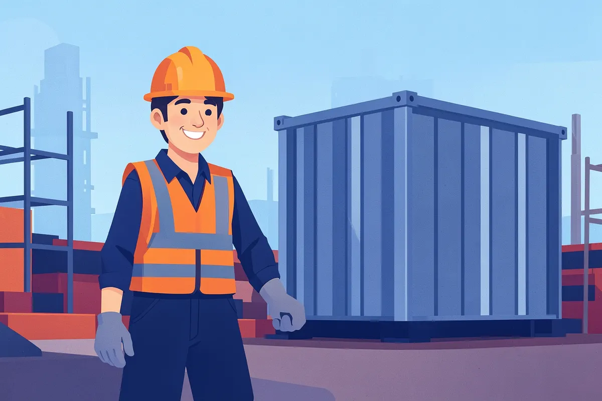 Um trabalhador da construção civil sorri enquanto trabalha perto de um container de armazenamento em um canteiro de obras.