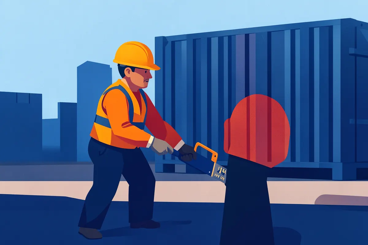Um trabalhador da construção civil mede o espaço em um canteiro de obras com um container ao fundo.