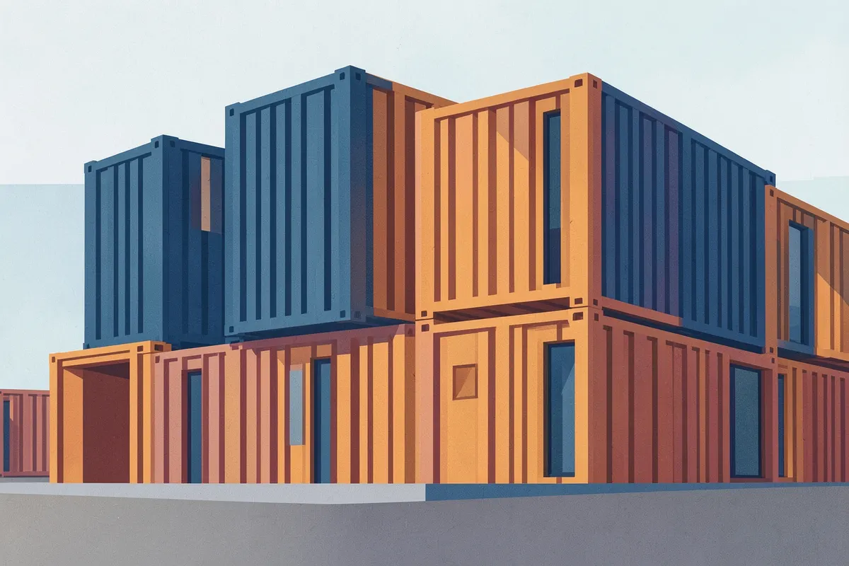 Container marítimo empilhado formando a estrutura de uma loja, com detalhes em madeira e janelas.