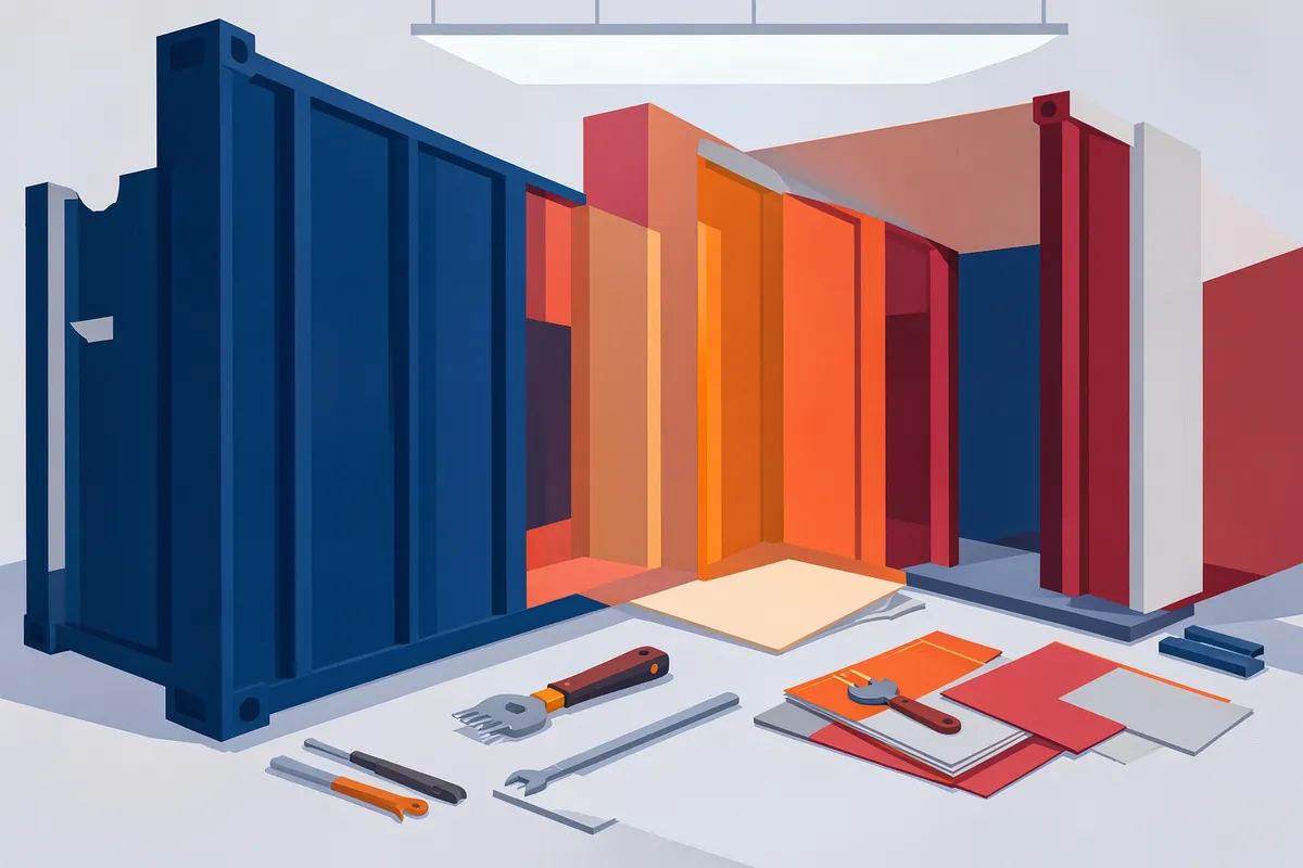 Container marítimo sendo transformado em loja, com ferramentas e materiais de construção visíveis.