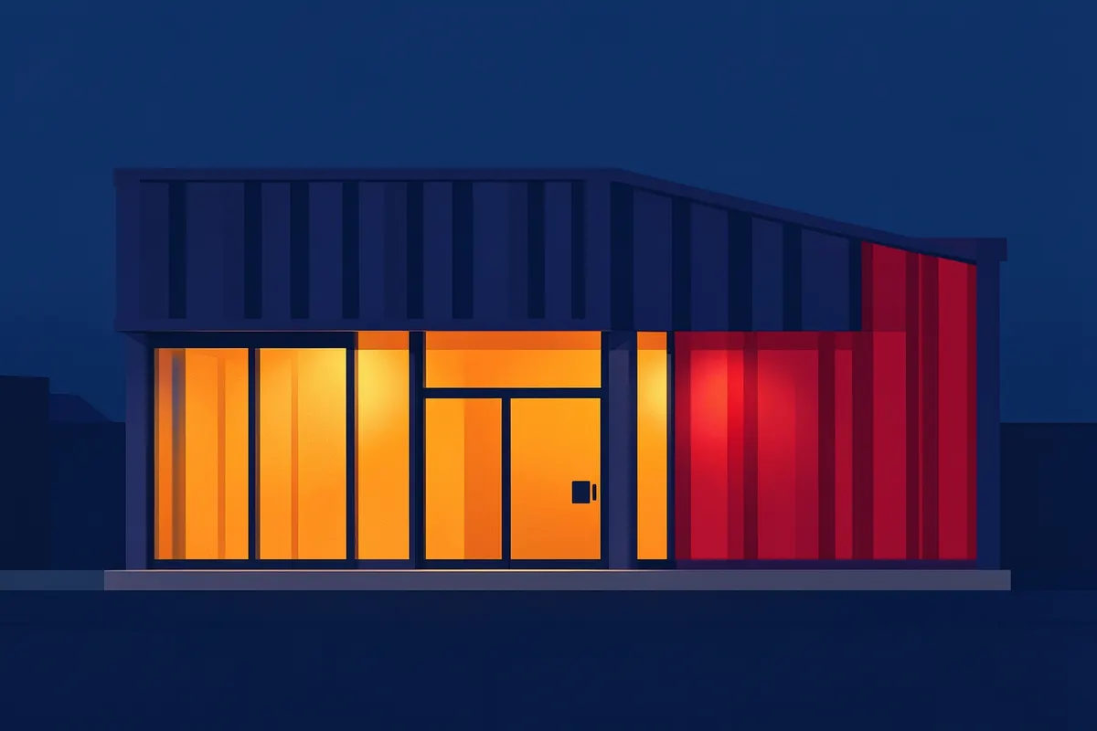 Fachada de loja em container com design moderno e iluminação noturna.