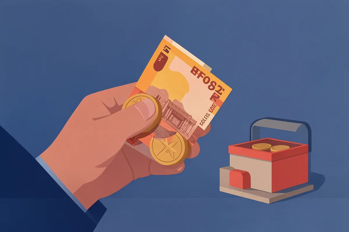 Mão segurando notas de dinheiro e moedas perto de um pequeno container de brinquedo.