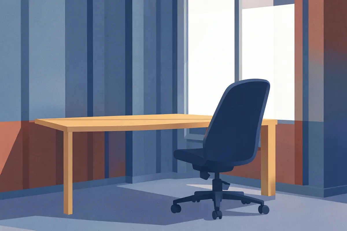 Interior de um escritório em container com design minimalista, mesa de madeira, cadeira ergonômica e iluminação natural.