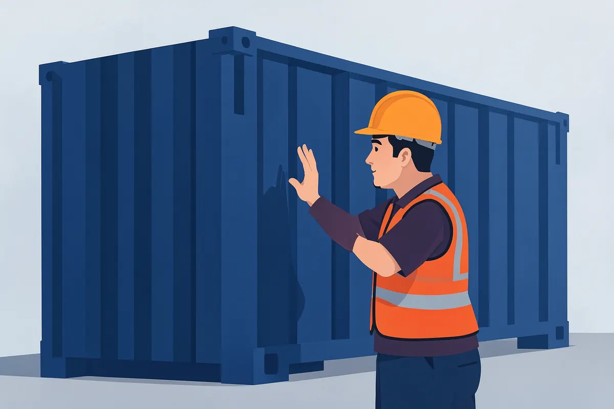 Um homem inspecionando a estrutura de um container marítimo, verificando a qualidade para ser usado como escritório.