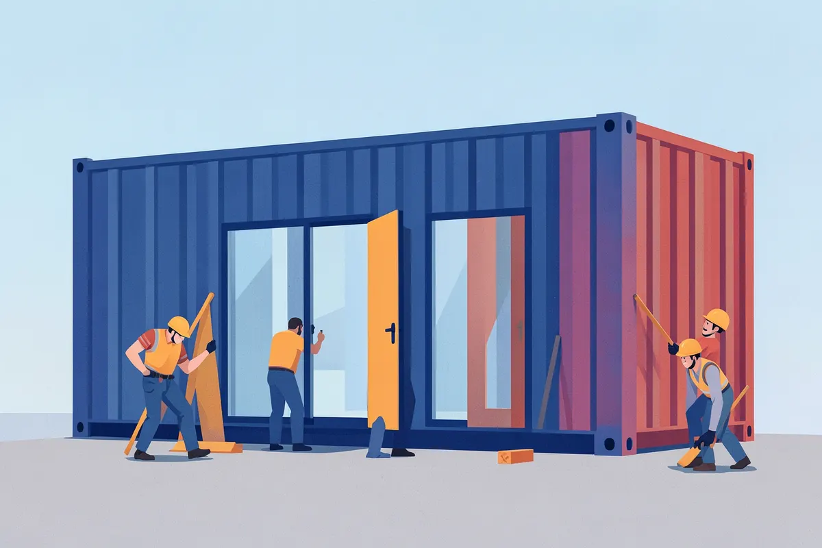 Equipe montando um escritório em container, com trabalhadores instalando janelas e portas em um ambiente externo.