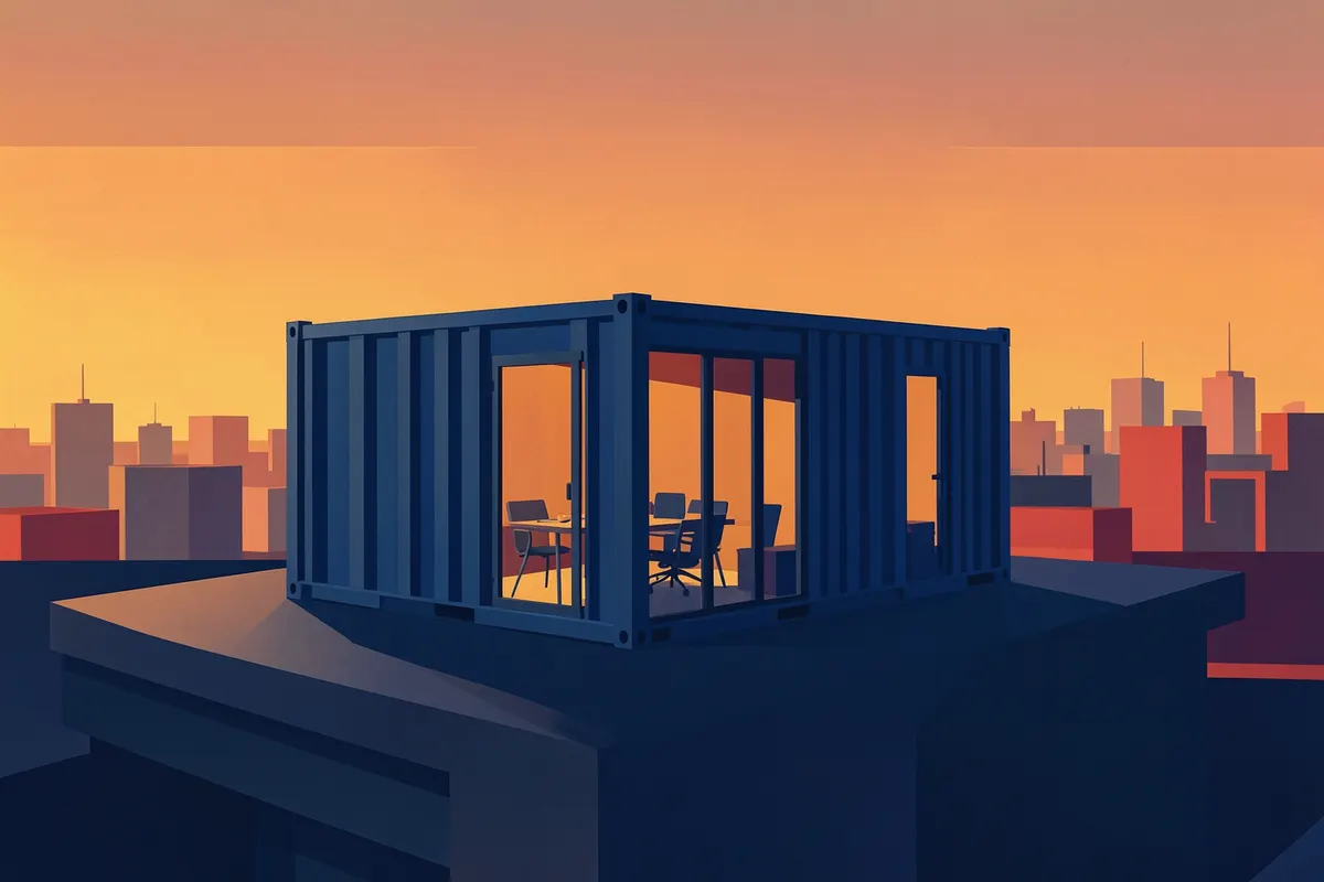 Um escritório em container instalado em um telhado de prédio comercial, com vista para a cidade.