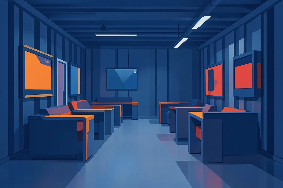 Escritório em container com design futurista, utilizando tecnologia integrada e mobiliário modular.
