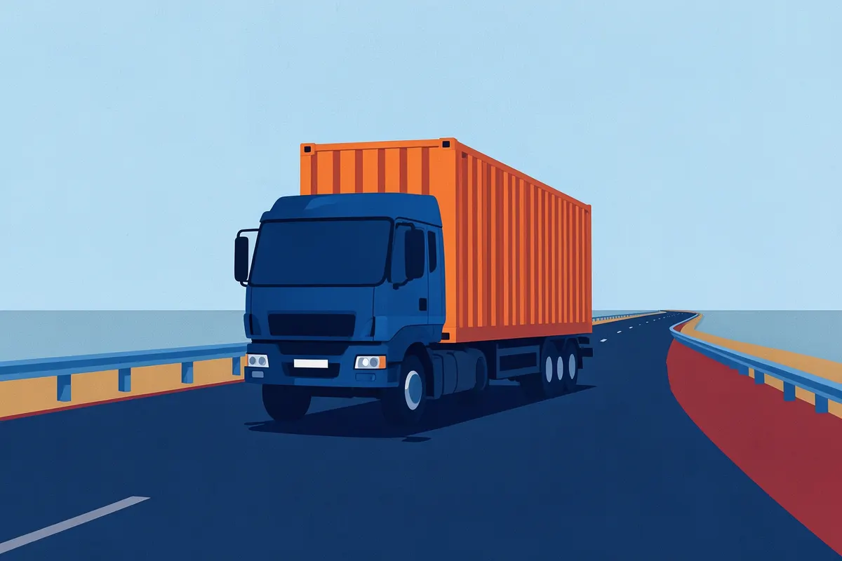 Um caminhão com uma carreta transportando um container marítimo em uma estrada.