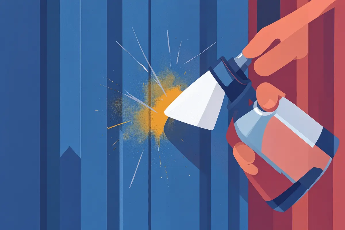 Pintura spray sendo usada para cobrir arranhões em um container marítimo.