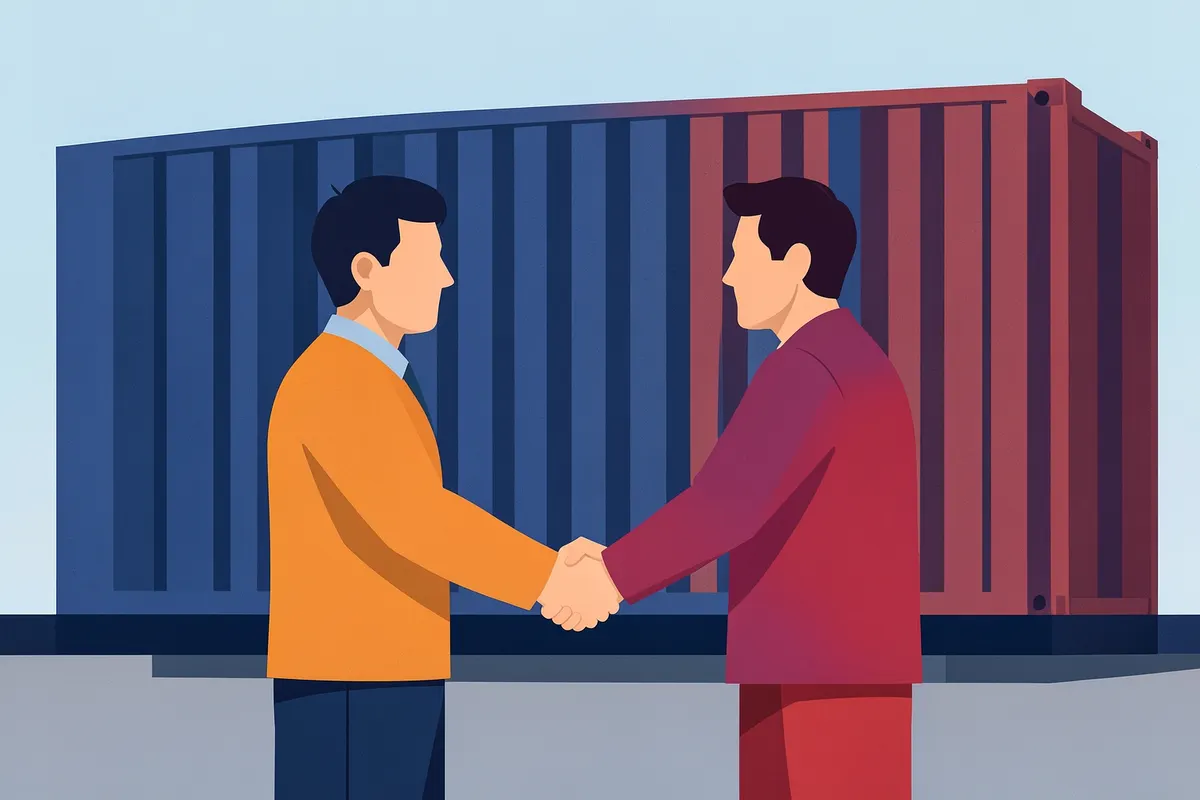 Duas pessoas apertando as mãos em frente a um container marítimo estacionado.