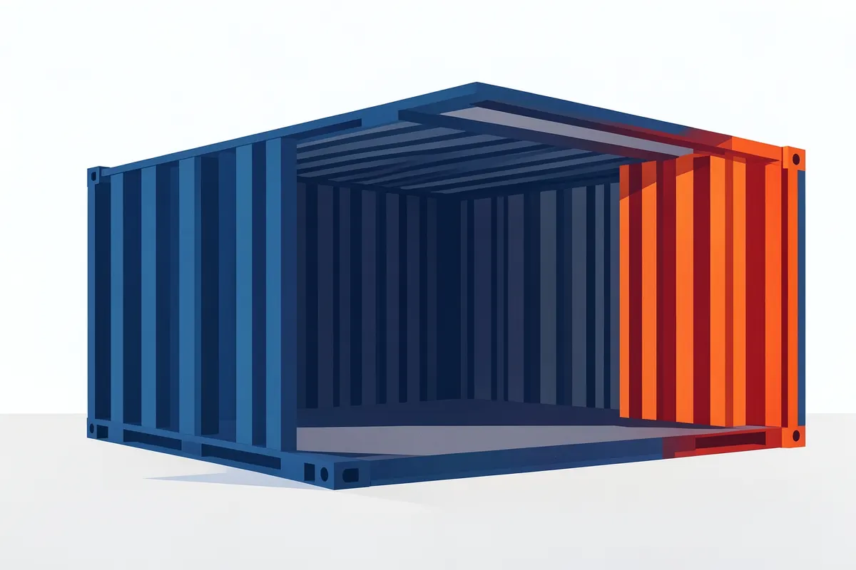 Container de 20 pés aberto mostrando o interior vazio e metálico.