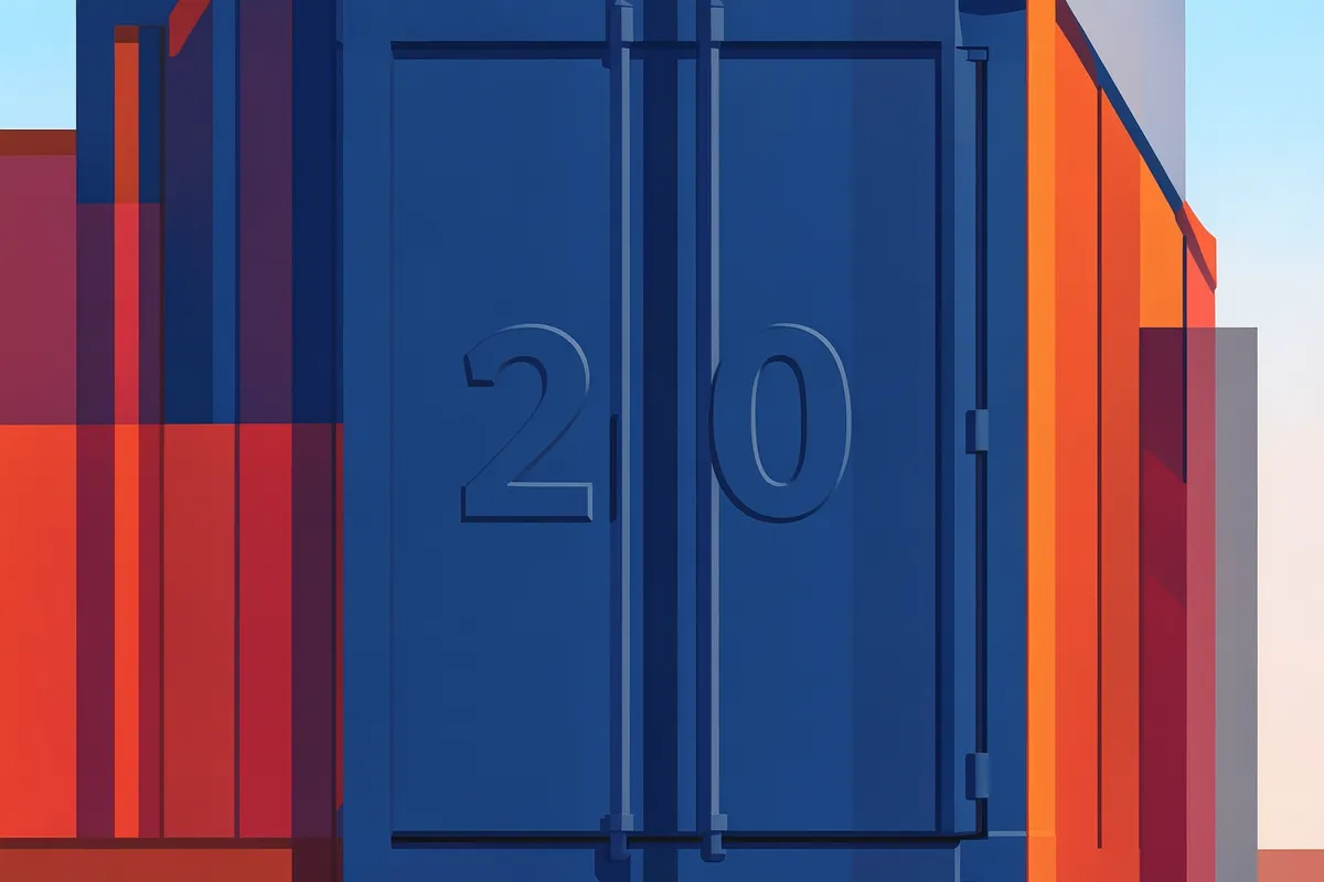Close-up da porta de um container de 20 pés com o número 20 estampado.