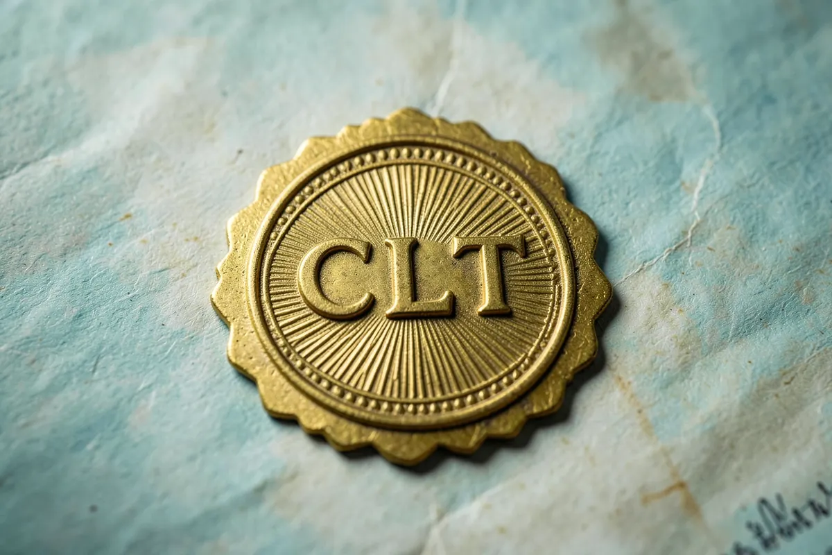 Um selo oficial com a inscrição "CLT" em destaque, sobre um fundo que remete a documentos legais.