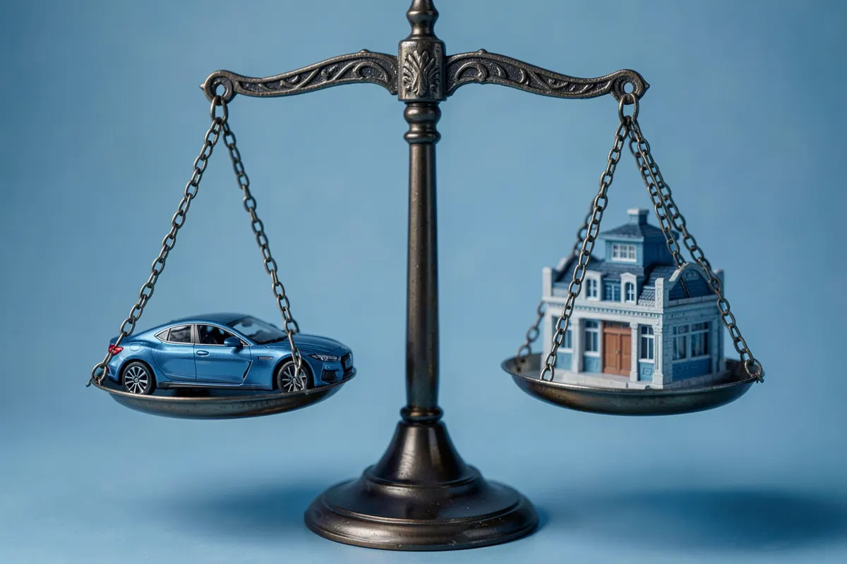 Uma balança de justiça com um lado representando um trajeto (carro) e o outro um local de trabalho (prédio), simbolizando a comparação.