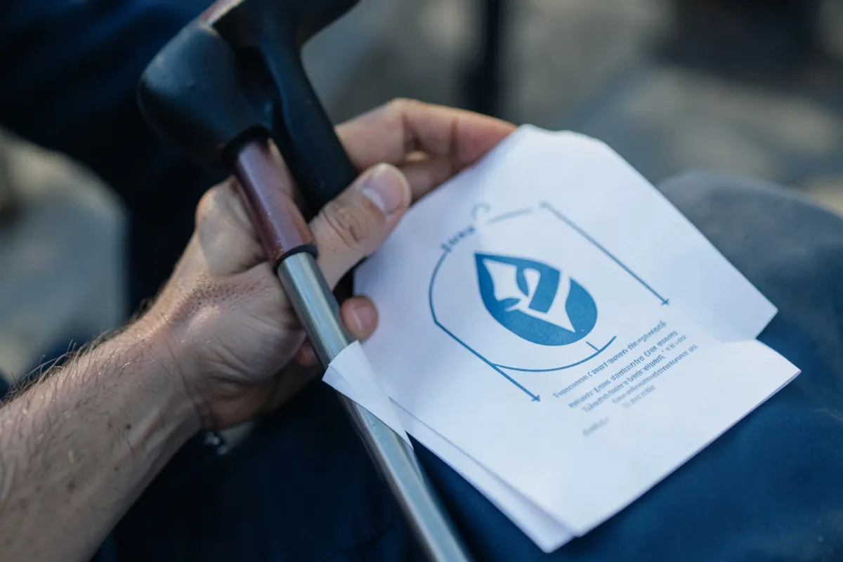 Uma mão segurando uma muleta e um documento com um símbolo de benefício, indicando direitos após um acidente.