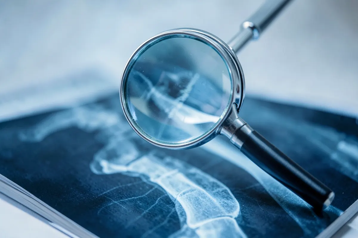 Uma lupa examinando uma radiografia de osso, com um foco em uma área específica, sugerindo a análise de sequelas.