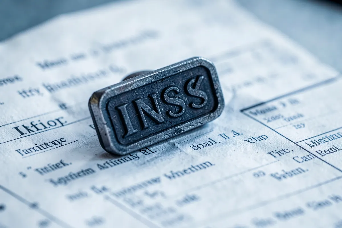 Um carimbo com a inscrição "INSS" e um sinal de visto, sobre um formulário de solicitação.