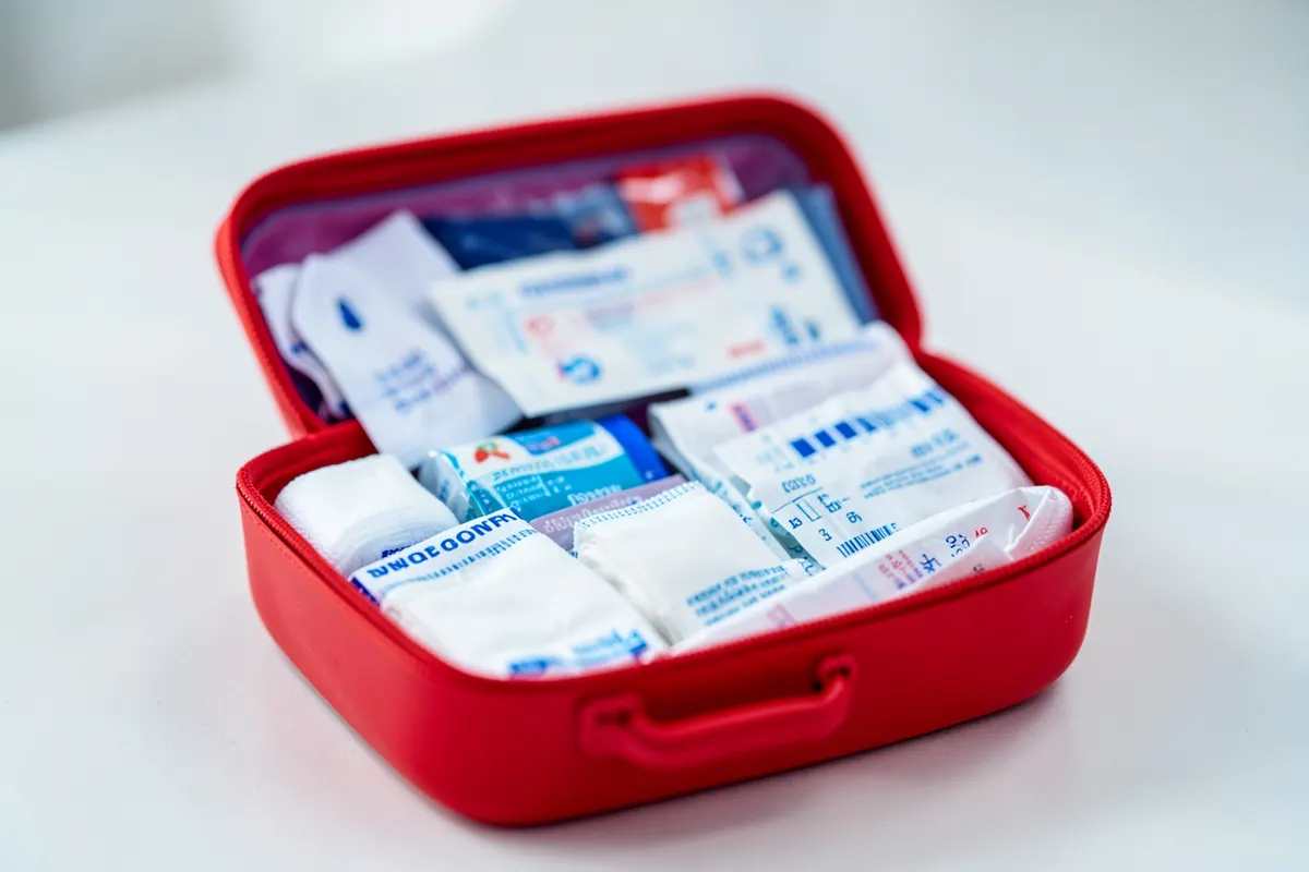 Uma maleta de primeiros socorros aberta sobre uma superfície, com alguns itens médicos visíveis.