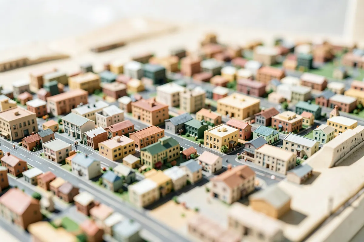 Maquete de cidade com arranha-céus e casas, sob um céu azul claro.
