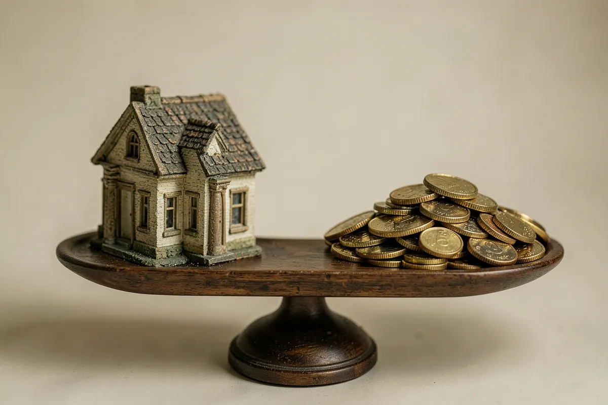 Uma balança com uma casa de um lado e moedas do outro, em equilíbrio.