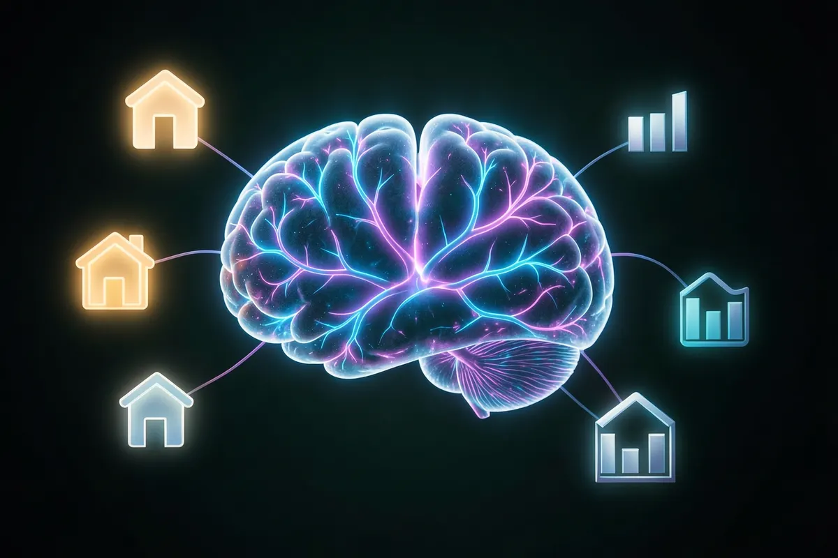 Um cérebro digital conectado a vários ícones de casas e gráficos.