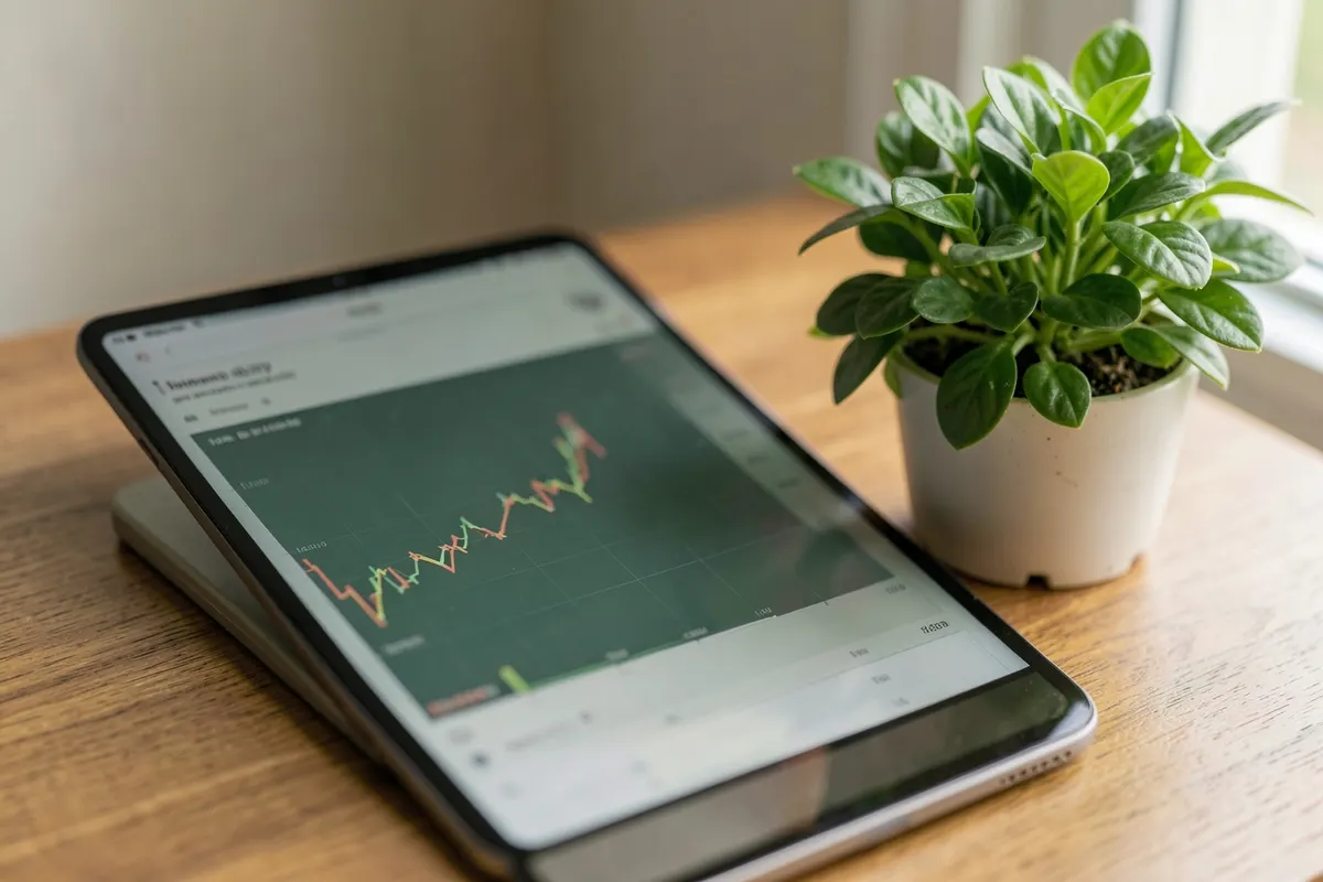 Uma mão segurando um tablet mostrando um gráfico de ações subindo ao lado de uma planta.