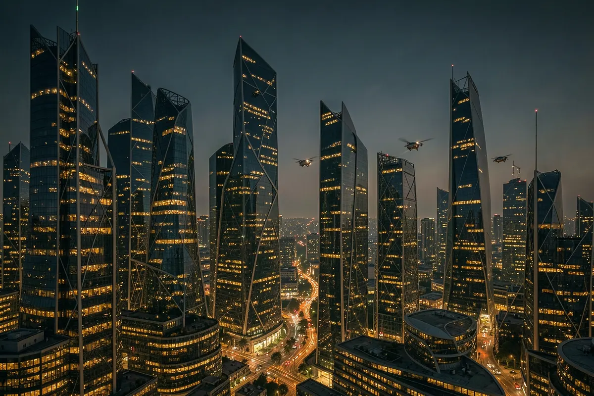 Um horizonte de cidade futurista com arranha-céus e carros voadores.