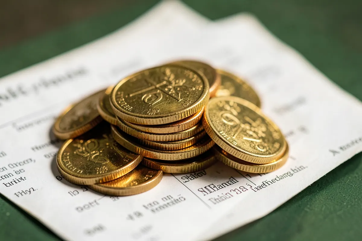 Uma pilha de moedas de ouro empilhadas em cima de um contrato de hipoteca.