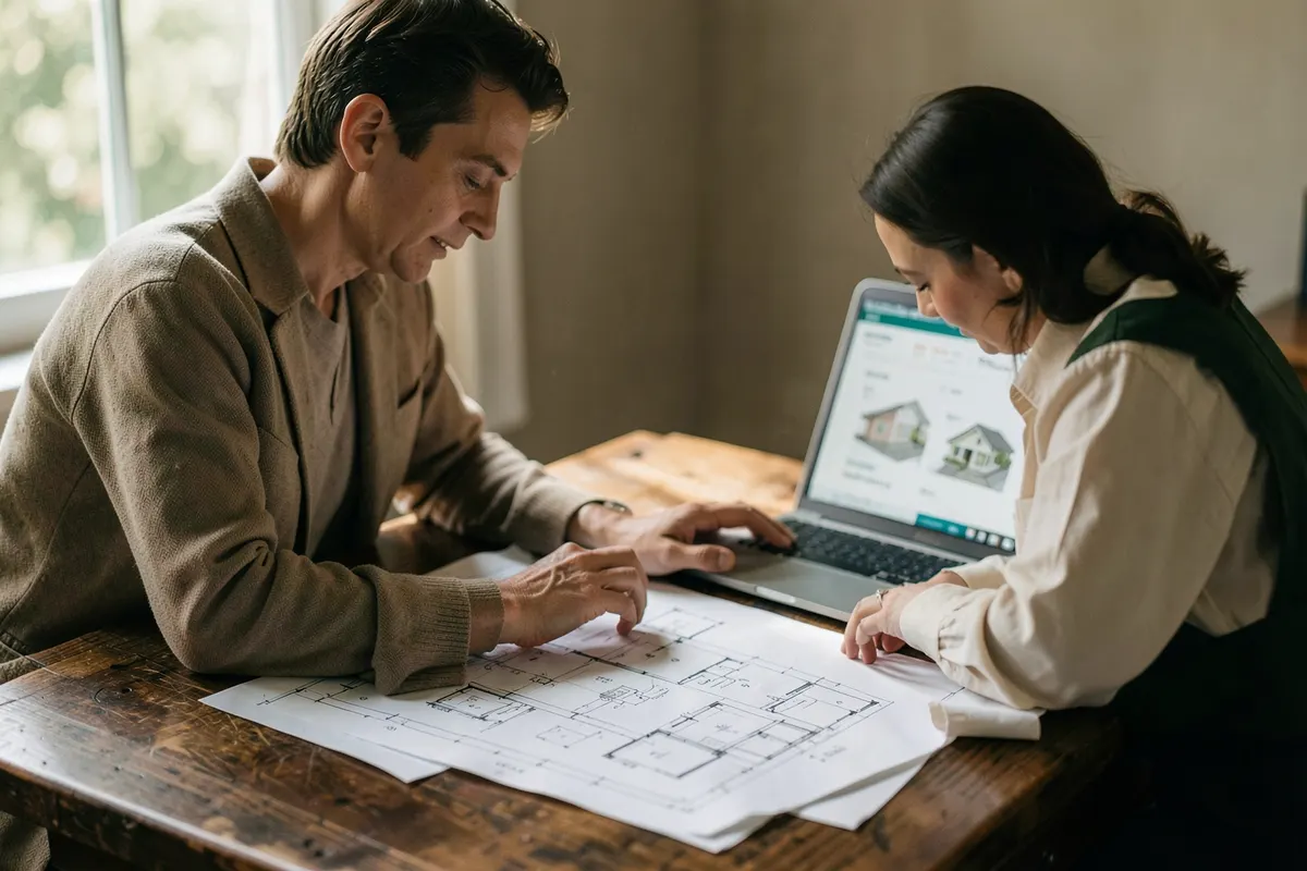 Um consultor imobiliário analisando plantas em uma mesa com um laptop e papéis.