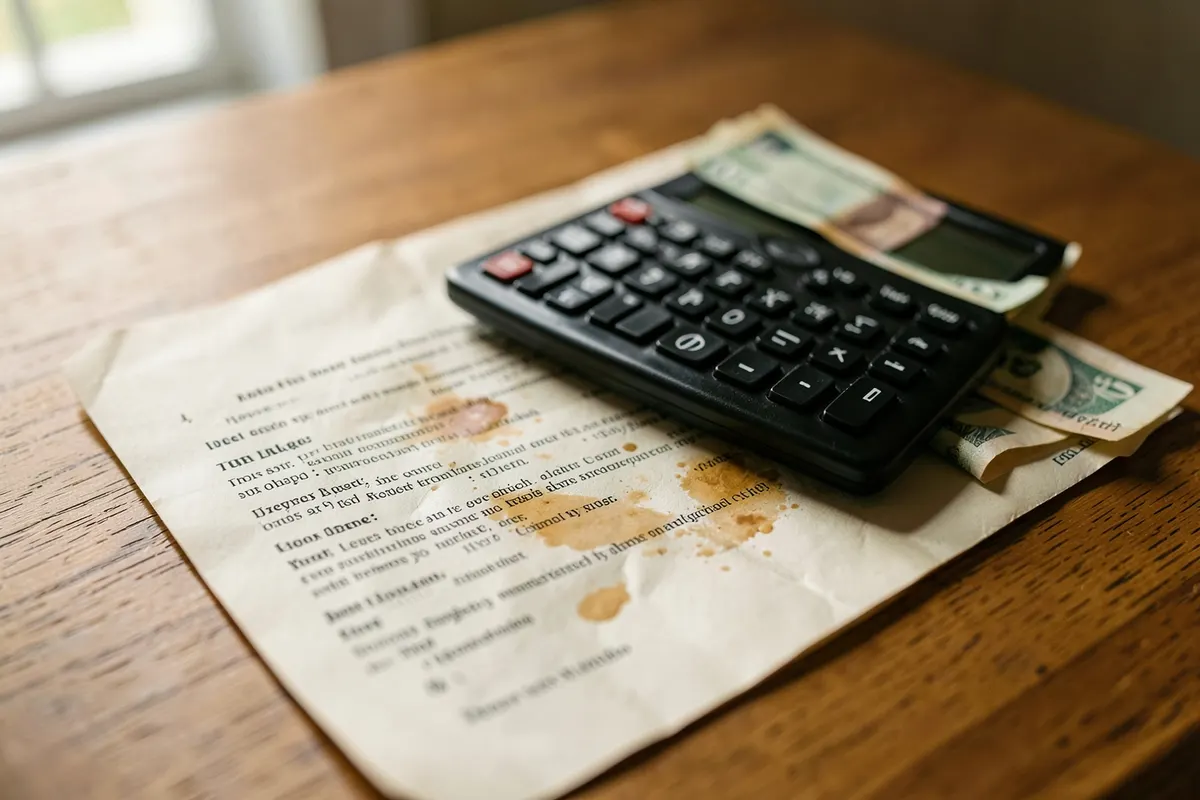 Uma calculadora e notas de dinheiro sobre um contrato imobiliário em uma mesa.