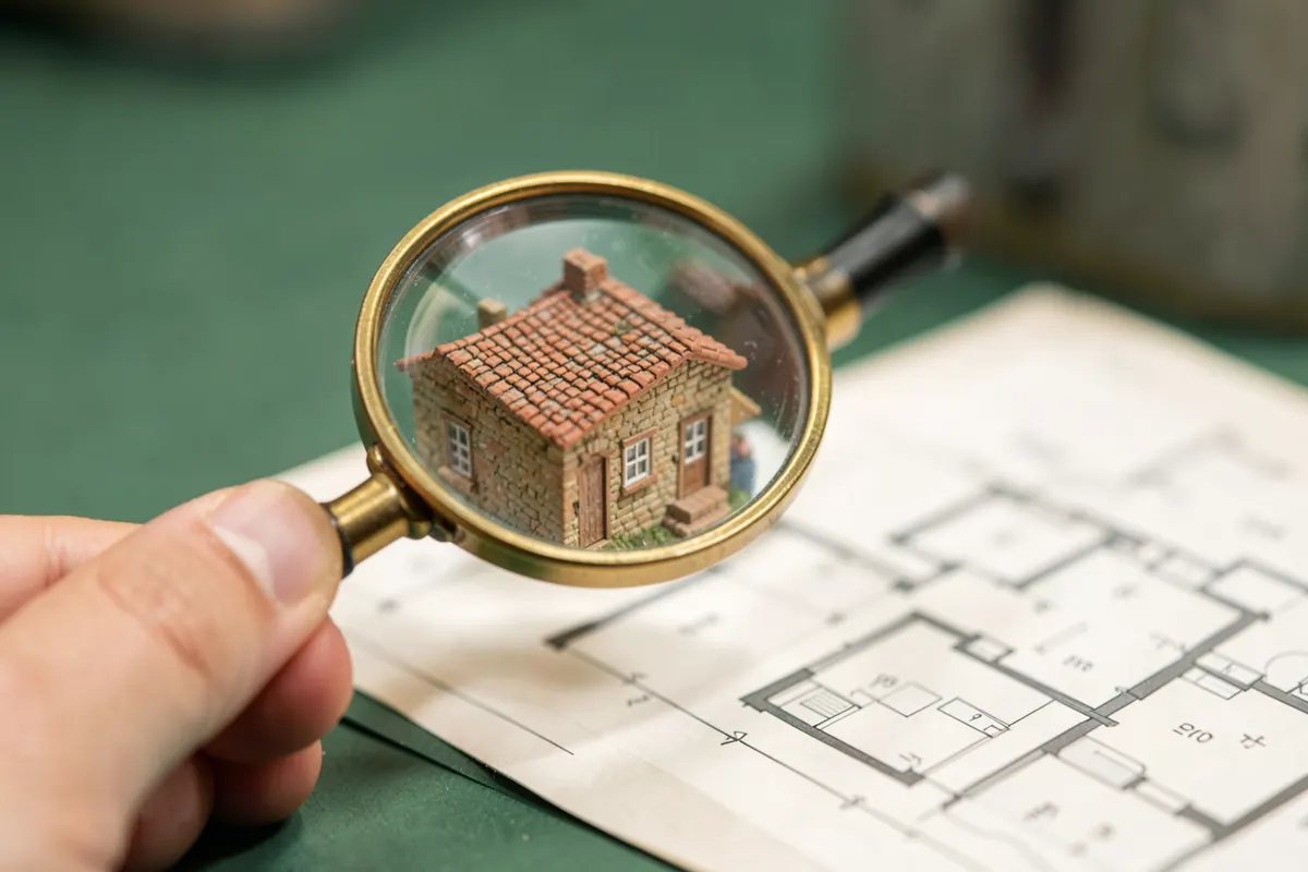 Uma pessoa examinando uma casa com uma lupa, com uma planta baixa ao lado.